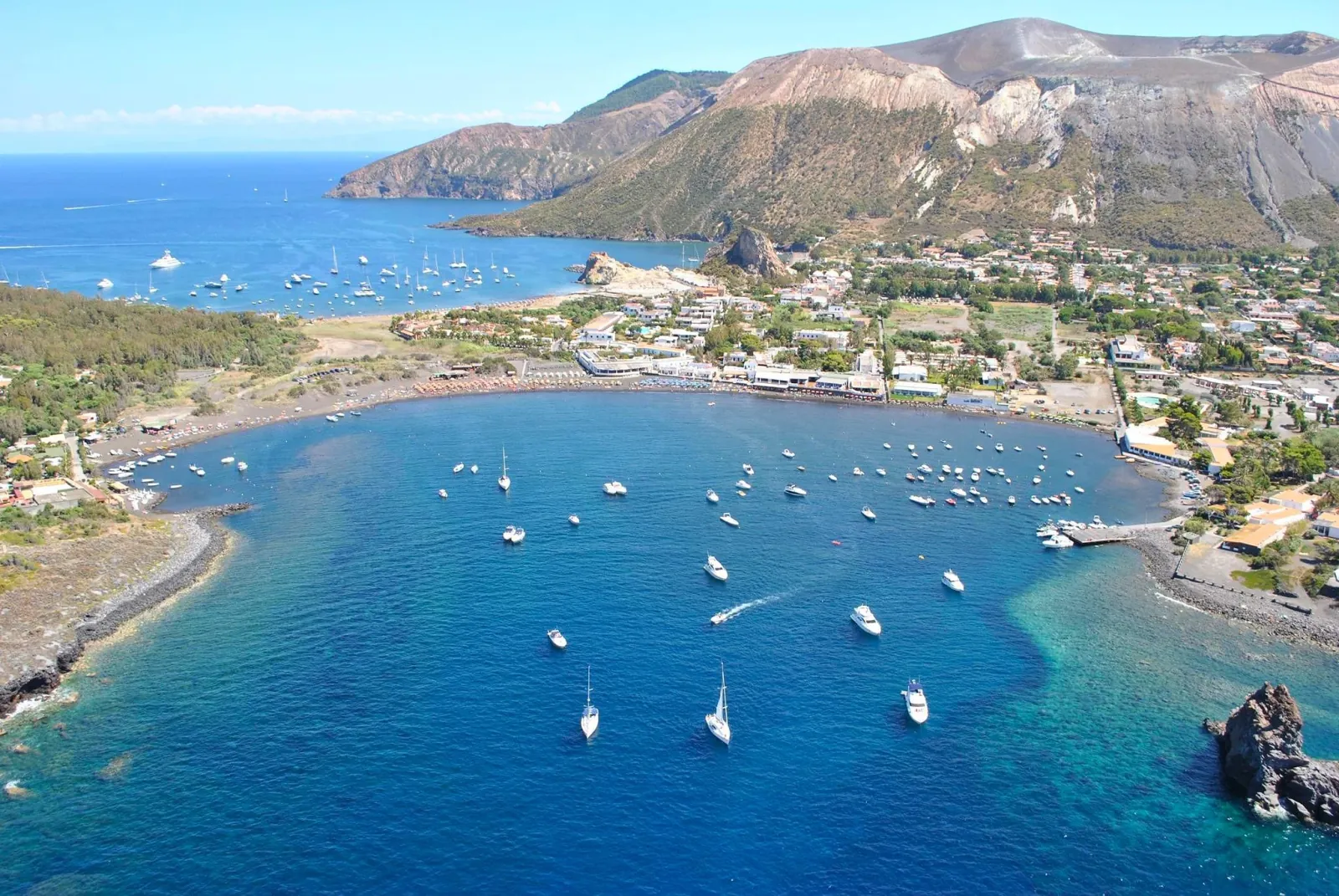 Porto di Levante bay on Vulcano with anchored boats