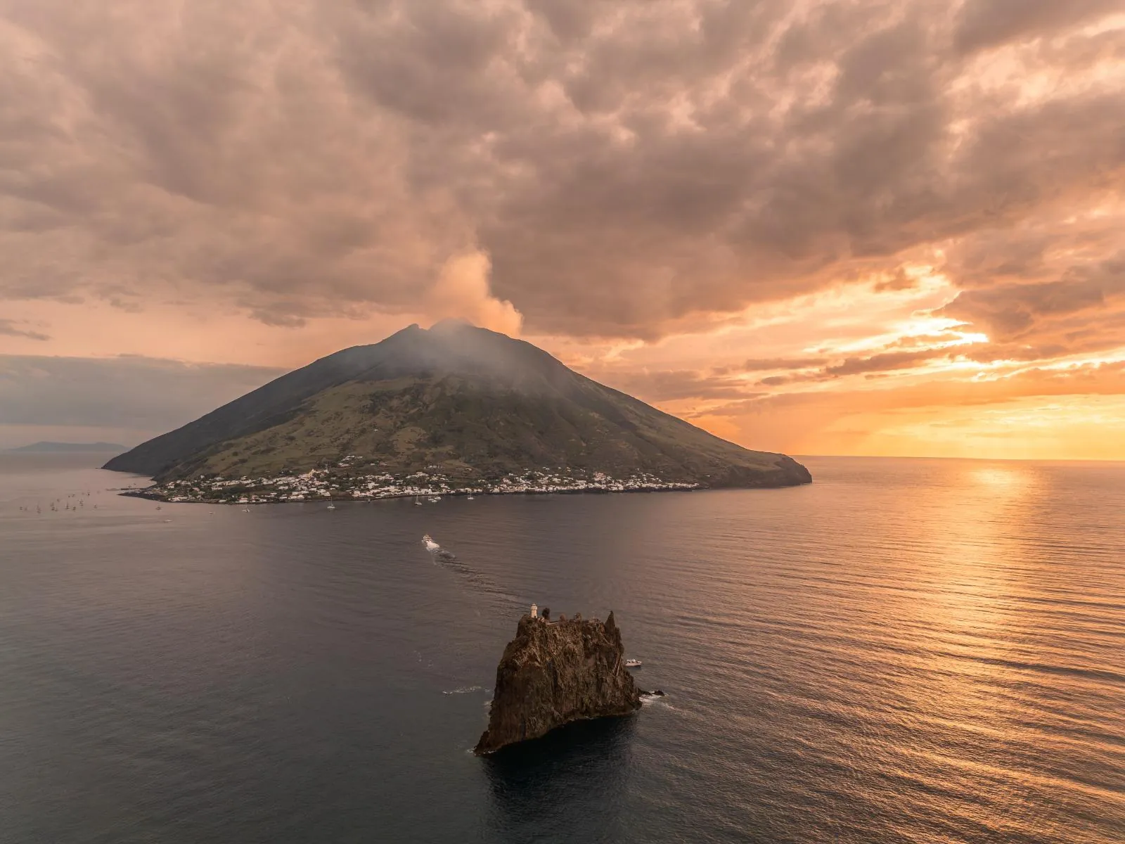 Stromboli and Strombolicchio from the air at sunset