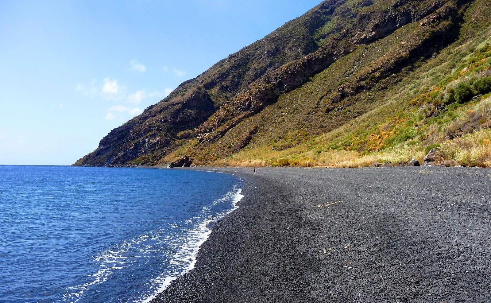 Black sand beach below Stromboli's green slope