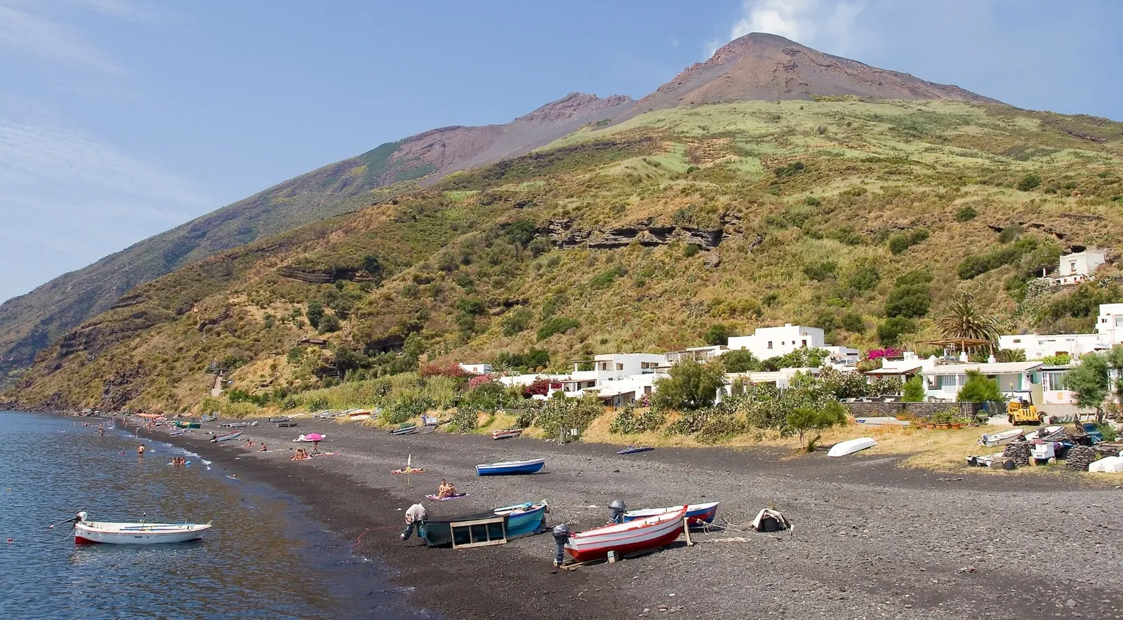 Fishing boats on the black beach below Stromboli village