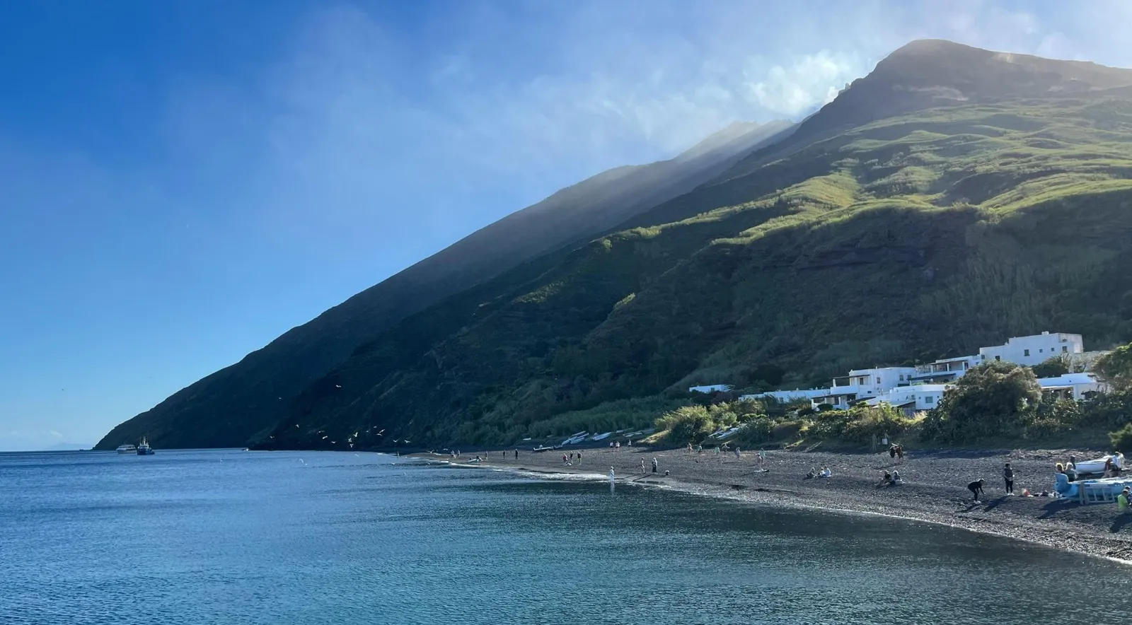 Stromboli's green slope above the beach at Ficogrande