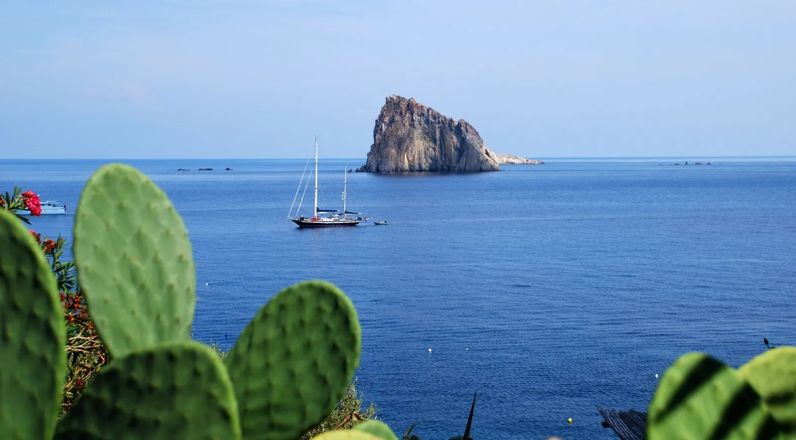 Sailing boat anchored off Basiluzzo with prickly pear in the foreground