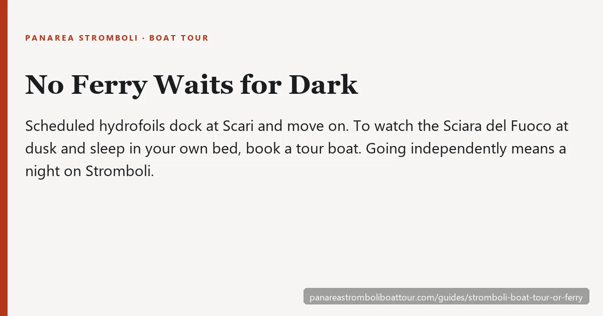 Fact card: no scheduled ferry waits off the Sciara del Fuoco for dark; a tour boat does, while the hydrofoil suits a night on Stromboli