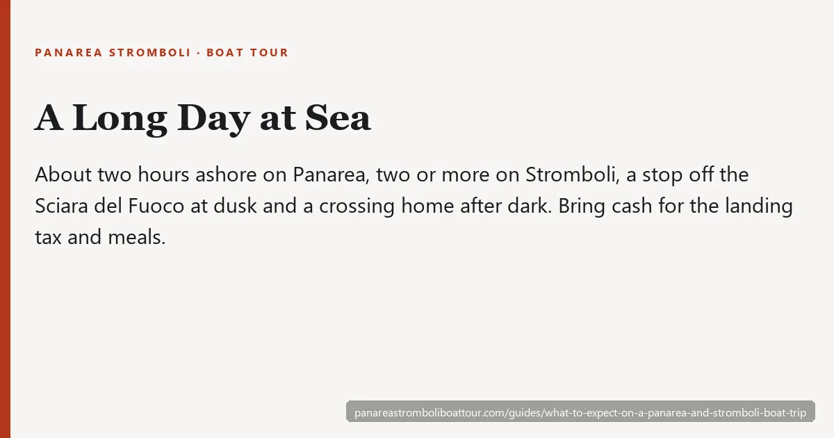 Card summarising a Panarea and Stromboli boat trip: two hours on each island, the Sciara del Fuoco at dusk, a return after dark